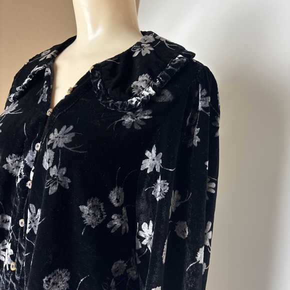Pilcro Womens L Keira Ruffle Collar Button Front Blouse Black Velvet Floral Boho - Picture 5 of 13